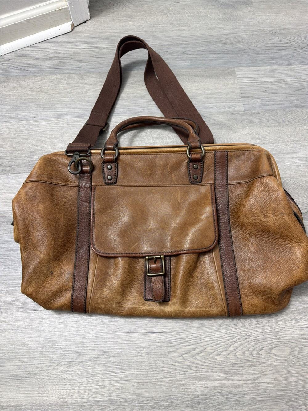 Fossil Cognac Brown Leather Weekender Duffel Bag Travel Luggage Overnight